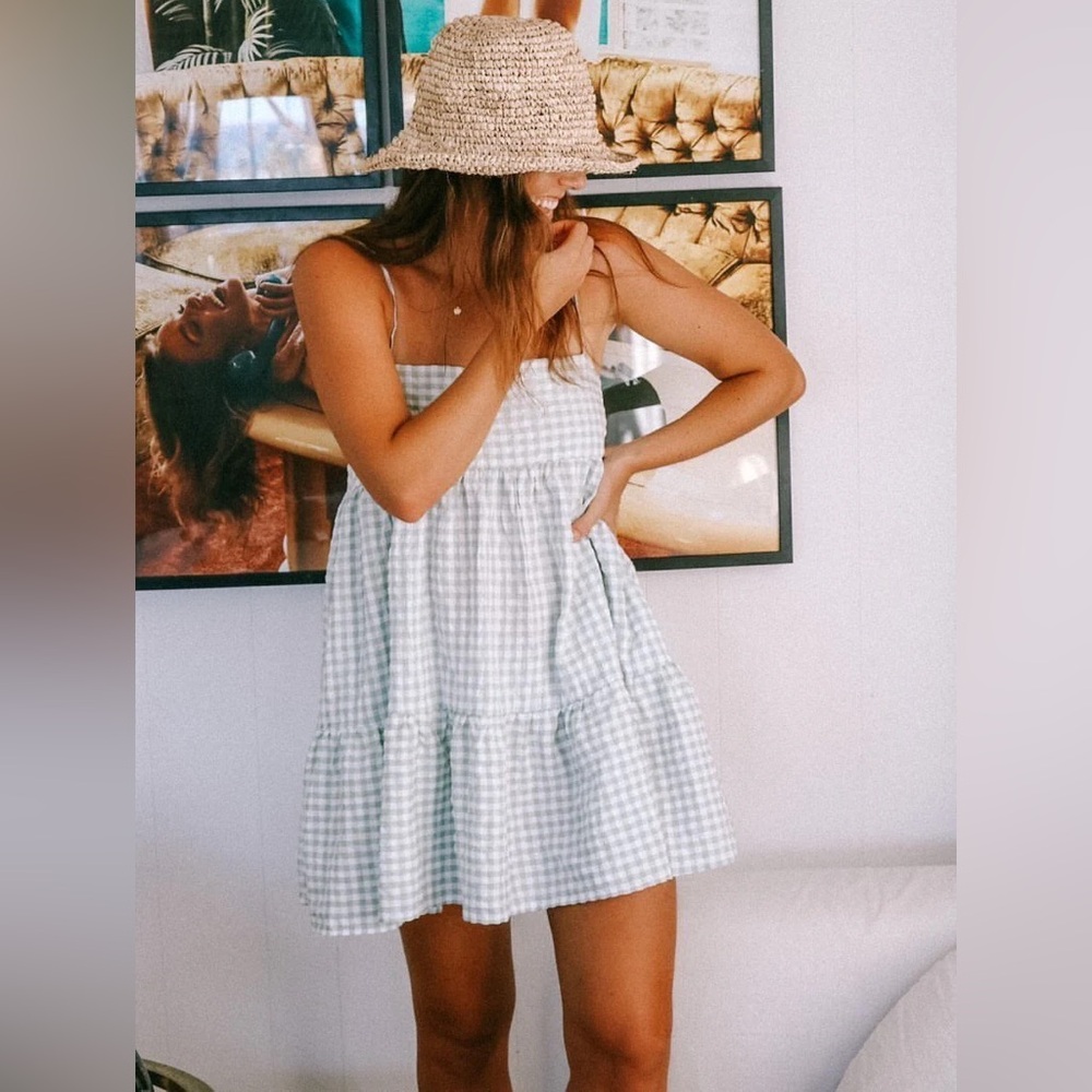 Gingham Tiered Spaghetti Strap Dress - Light Sage